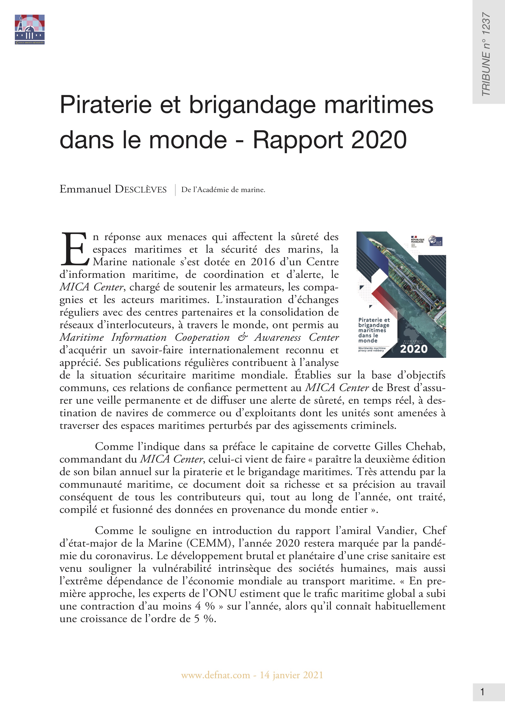 Piraterie et brigandage maritimes dans le monde - Rapport 2020 (T 1237)
